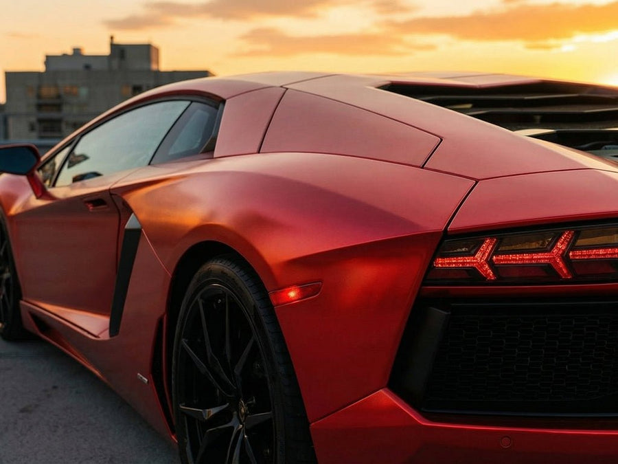 Lamborghini Aventador wrapped in Satin HX30000 Super Chrome Red restyling film HX30SCH02S