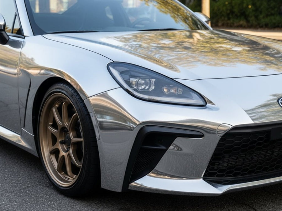 Toyota GR86 wrapped in Hexis Gloss HX30000 Super Chrome Titanium vinyl wrap HX30SCH03B