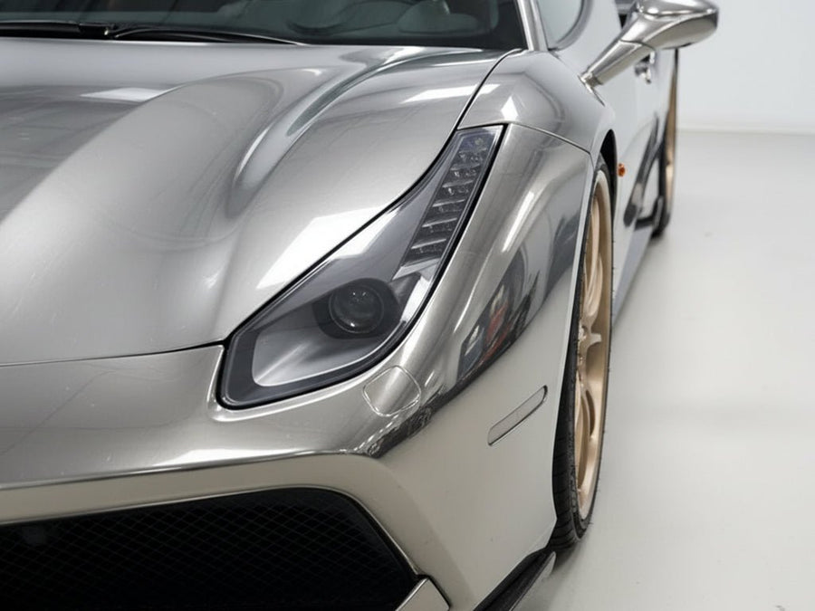 Ferrari 488 wrapped in Hexis Gloss HX30000 Super Chrome Titanium restyling film HX30SCH03B