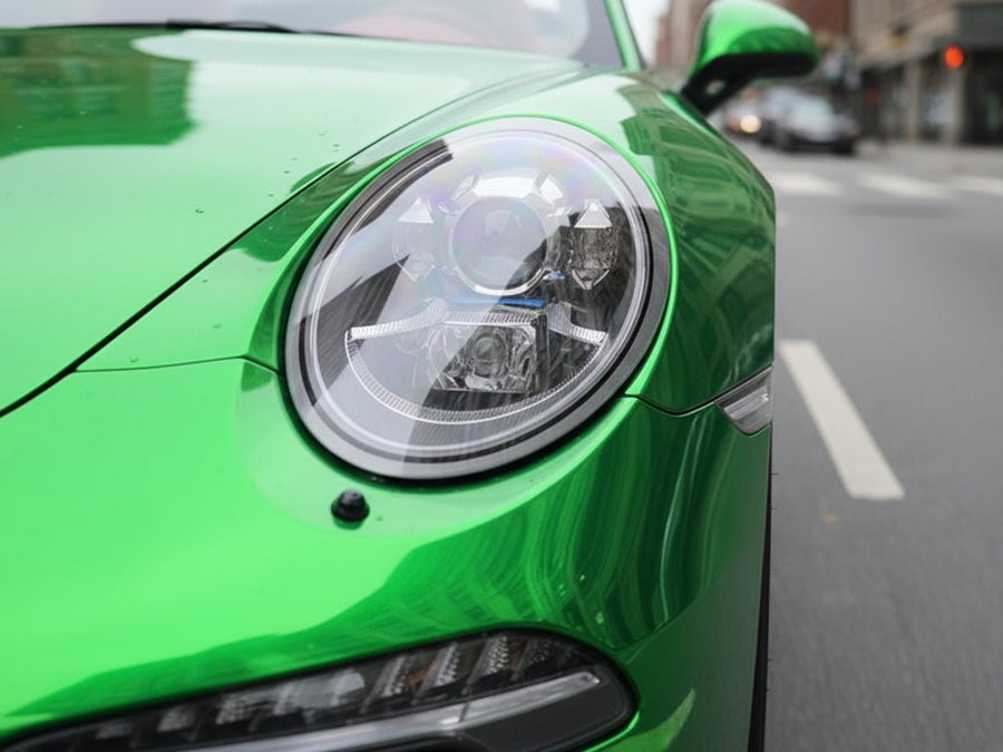 Porsche 911 wrapped in Gloss HX30000 Super Chrome Green wrap film HX30SCH04B