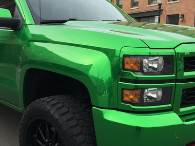 DIY Chevrolet Silverado wrapped in Gloss HX30000 Super Chrome Green automotive vinyl film HX30SCH04B