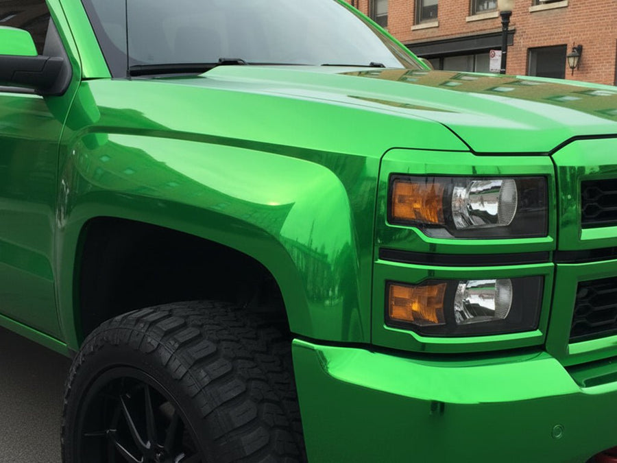DIY Chevrolet Silverado wrapped in Gloss HX30000 Super Chrome Green automotive vinyl film HX30SCH04B