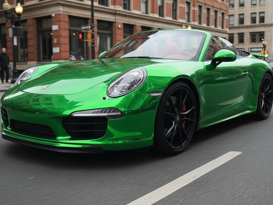 DIY Porsche 911 wrapped in Gloss HX30000 Super Chrome Green car wrap film HX30SCH04B
