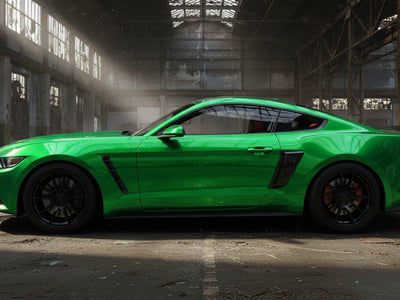 Ford Mustang wrapped in Hexis Gloss HX30000 Super Chrome Green vinyl wrap HX30SCH04B