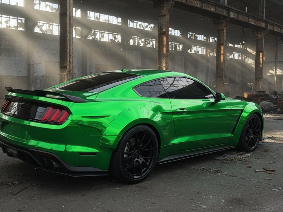 Ford Mustang wrapped in Hexis Gloss HX30000 Super Chrome Green restyling film HX30SCH04B