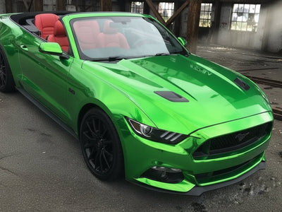 Ford Mustang convertible wrapped in Gloss HX30000 Super Chrome Green restyling film HX30SCH04B
