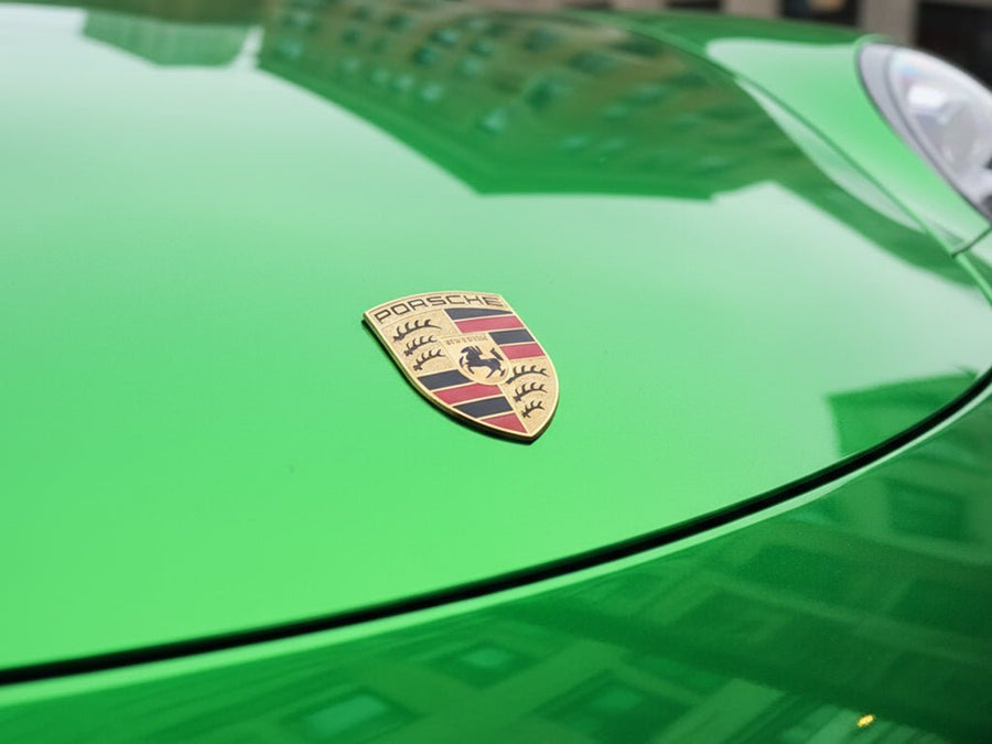 Porsche wrapped in Gloss HX30000 Super Chrome Green car wrap film HX30SCH04B