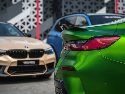 BMW M5 wrapped in Satin HX30000 Super Chrome Green automotive vinyl film HX30SCH04S
