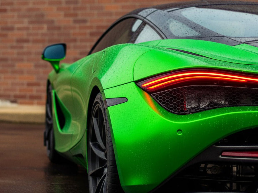 DIY McLaren 720S wrapped in Satin HX30000 Super Chrome Green wrap film HX30SCH04S detail