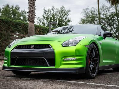 Nissan GT-R wrapped in Hexis Satin HX30000 Super Chrome Green automotive vinyl film HX30SCH04S