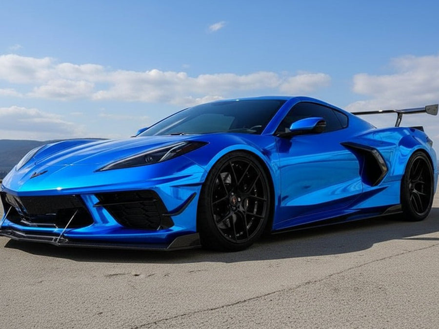 DIY Chevrolet Corvette wrapped in Gloss HX30000 Super Chrome Blue car wrap film HX30SCH05B