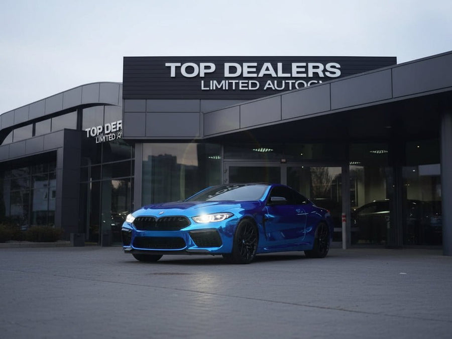 DIY BMW M8 wrapped in Gloss HX30000 Super Chrome Blue vinyl wrap HX30SCH05B
