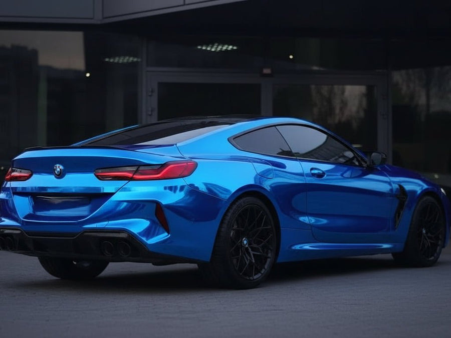 BMW M8 wrapped in Hexis Gloss HX30000 Super Chrome Blue wrap film HX30SCH05B