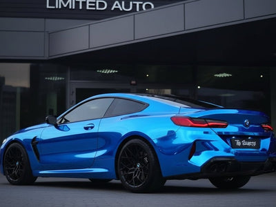 BMW M8 wrapped in Gloss HX30000 Super Chrome Blue wrap film HX30SCH05B