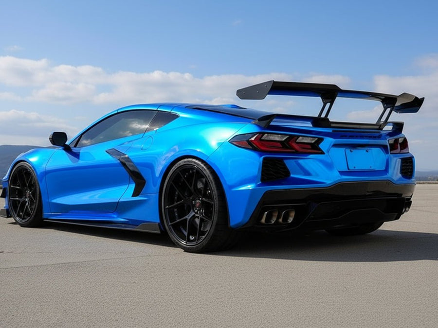 Chevrolet Corvette C8 wrapped in Gloss HX30000 Super Chrome Blue vinyl wrap HX30SCH05B