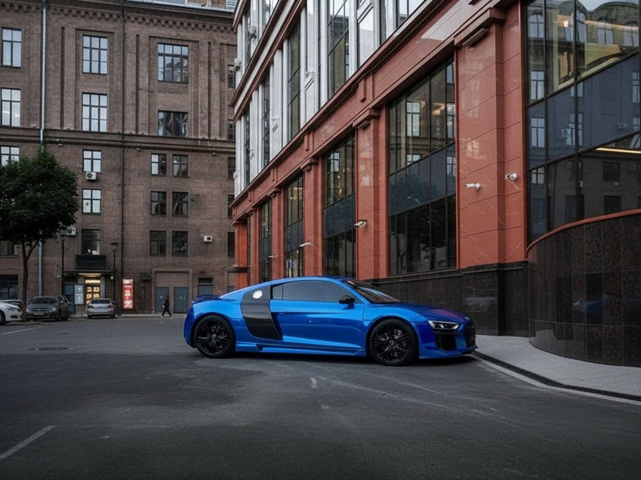 Audi R8 wrapped in Hexis HX30000 Super Chrome Blue Gloss vinyl wrap front detail