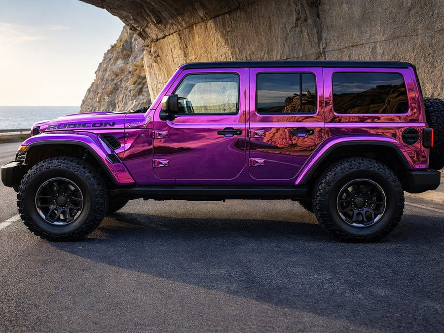Jeep Wrangler Rubicon wrapped in Hexis Gloss HX30000 Super Chrome Purple restyling film HX30SCH06B