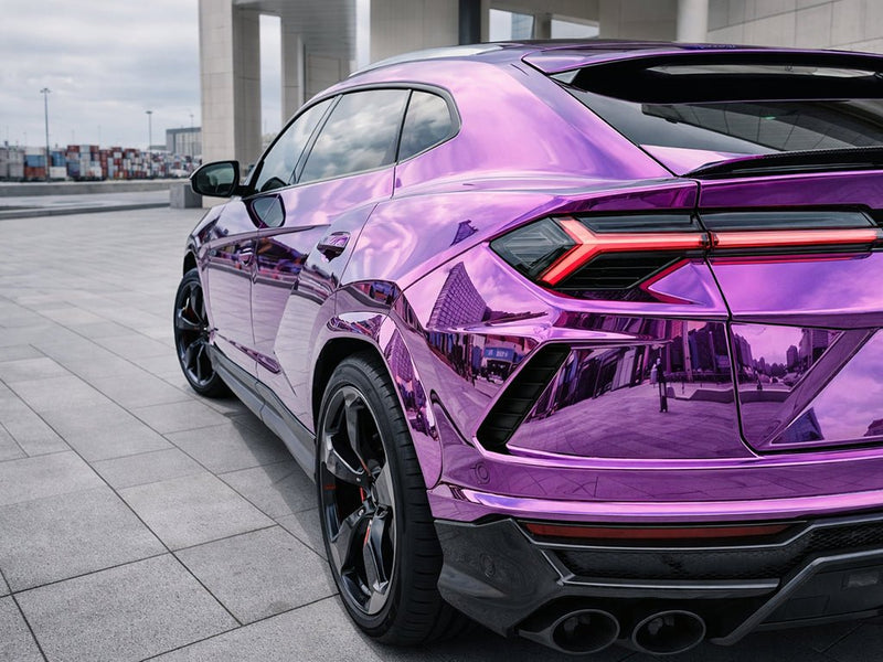 Lamborghini Urus wrapped in Hexis Gloss HX30000 Super Chrome Purple automotive vinyl film HX30SCH06B