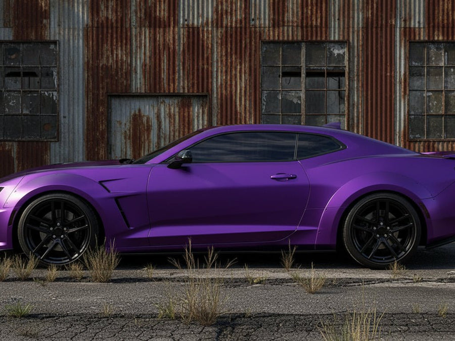 Chevrolet Camaro wrapped in Hexis Satin HX30000 Super Chrome Purple car wrap film HX30SCH06S