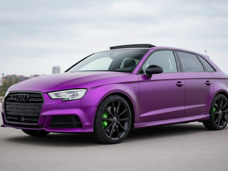 Audi A3 wrapped in Hexis Satin HX30000 Super Chrome Purple restyling film HX30SCH06S