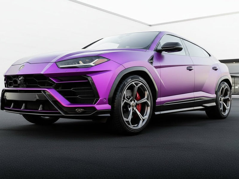 Lamborghini Urus wrapped in Satin HX30000 Super Chrome Purple car wrap film HX30SCH06S