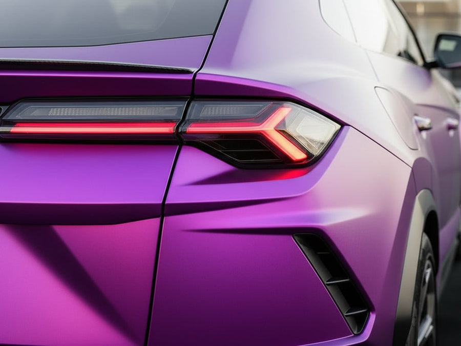 Lamborghini Urus wrapped in Hexis Satin HX30000 Super Chrome Purple automotive vinyl film HX30SCH06S