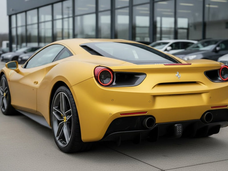 Ferrari 488 GTB wrapped in Hexis Satin HX30000 Super Chrome Gold automotive vinyl film HX30SCH07S
