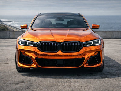 BMW 5 Series wrapped in Hexis Gloss HX30000 Super Chrome Orange vinyl wrap HX30SCH08B