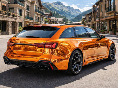 Audi RS6 Avant wrapped in Hexis Gloss HX30000 Super Chrome Orange automotive vinyl film HX30SCH08B