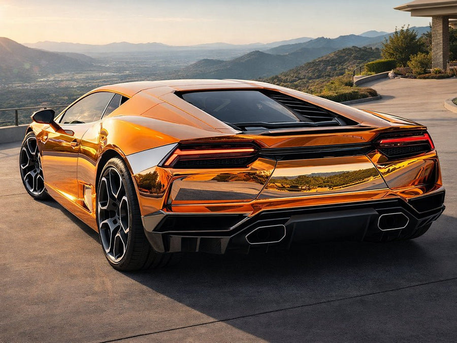 Lamborghini Huracán wrapped in Hexis Gloss HX30000 Super Chrome Orange vinyl wrap HX30SCH08B