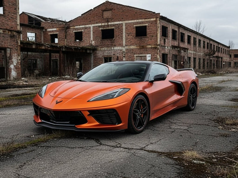 Chevrolet Corvette C8 wrapped in Satin HX30000 Super Chrome Orange restyling film HX30SCH08S