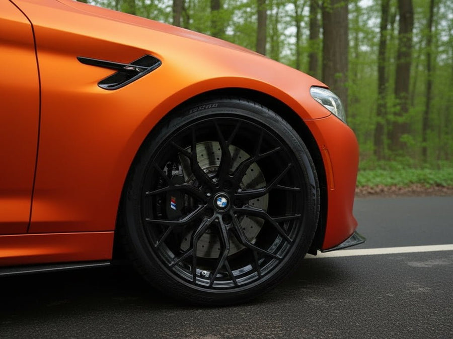 BMW M5 wrapped in Hexis Satin HX30000 Super Chrome Orange wrap film HX30SCH08S