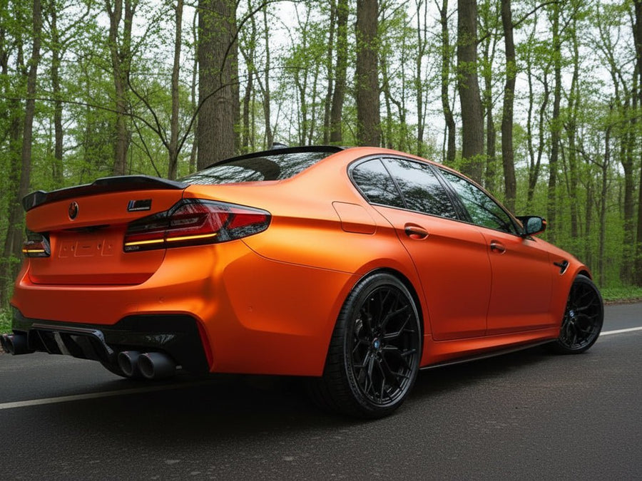 BMW M5 wrapped in Satin HX30000 Super Chrome Orange wrap film HX30SCH08S