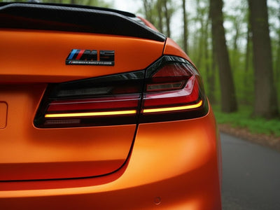 BMW M5 wrapped in Hexis Satin HX30000 Super Chrome Orange wrap film HX30SCH08S detail