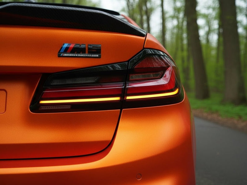 BMW M5 wrapped in Hexis Satin HX30000 Super Chrome Orange wrap film HX30SCH08S detail