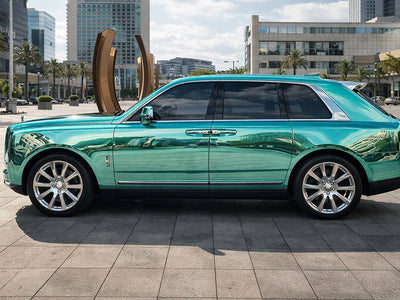 DIY Rolls-Royce Cullinan wrapped in Gloss HX30000 Super Chrome Turquoise automotive vinyl film HX30SCH09B detail