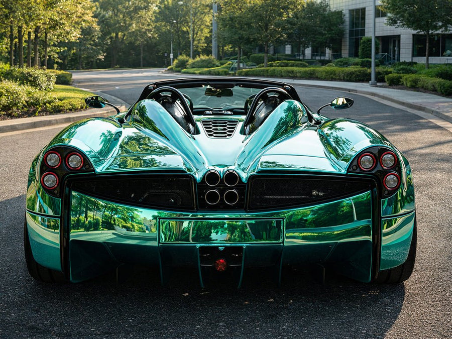 Pagani Huayra Roadster wrapped in Hexis Gloss HX30000 Super Chrome Turquoise automotive vinyl film HX30SCH09B