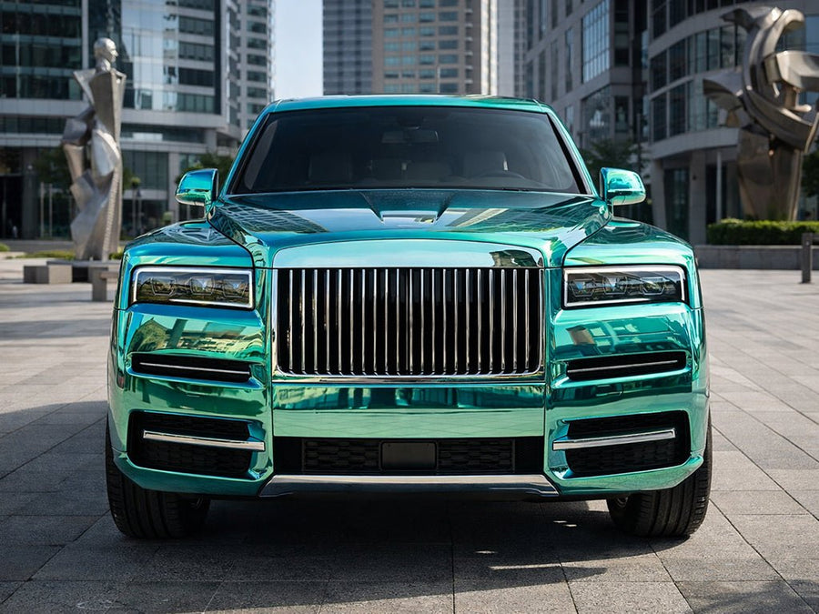 DIY Rolls-Royce Cullinan wrapped in Gloss HX30000 Super Chrome Turquoise automotive vinyl film HX30SCH09B