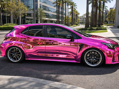 Toyota Corolla Hatchback wrapped in Gloss HX30000 Super Chrome Pink restyling film HX30SCH10B