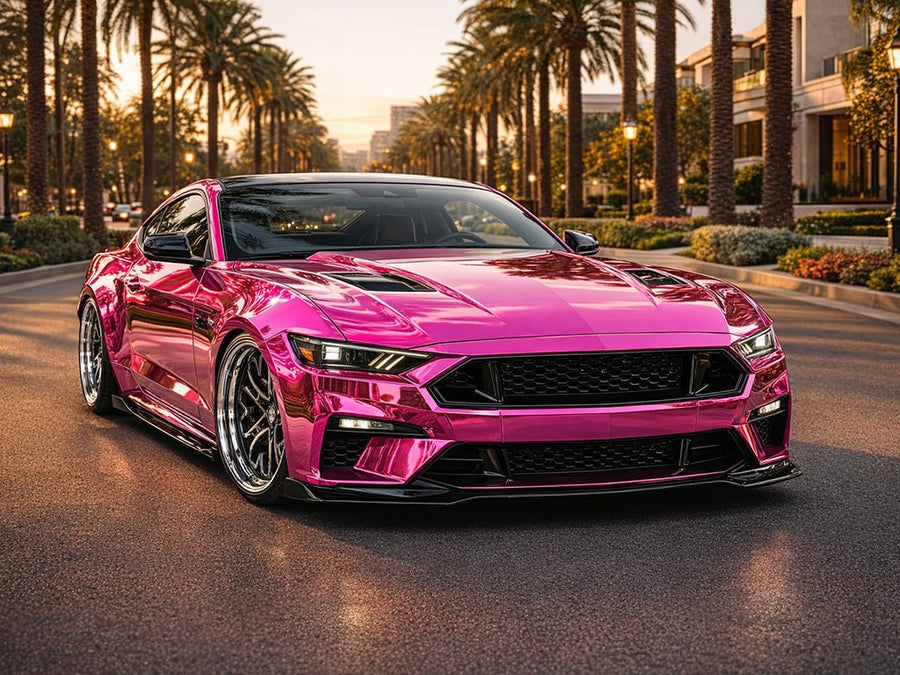 Ford Mustang wrapped in Hexis Gloss HX30000 Super Chrome Pink wrap film HX30SCH10B