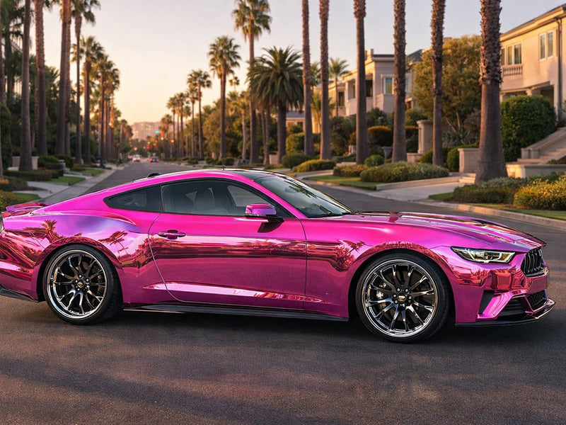 Ford Mustang wrapped in Gloss HX30000 Super Chrome Pink automotive vinyl film HX30SCH10B