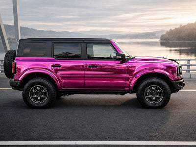 DIY Ford Bronco wrapped in Gloss HX30000 Super Chrome Pink restyling film HX30SCH10B