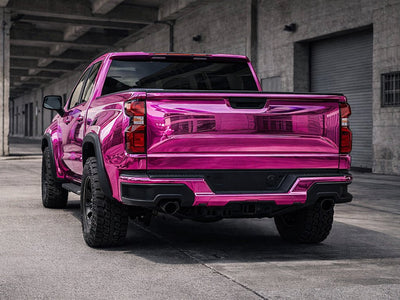 DIY Chevrolet Silverado wrapped in Gloss HX30000 Super Chrome Pink automotive vinyl film HX30SCH10B