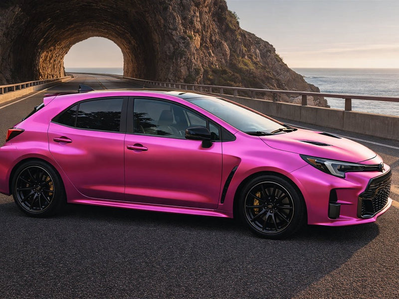 Toyota Corolla Hatchback wrapped in Hexis Satin HX30000 Super Chrome Pink restyling film HX30SCH10S