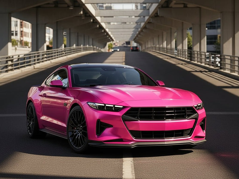 DIY Ford Mustang wrapped in Satin HX30000 Super Chrome Pink restyling film HX30SCH10S