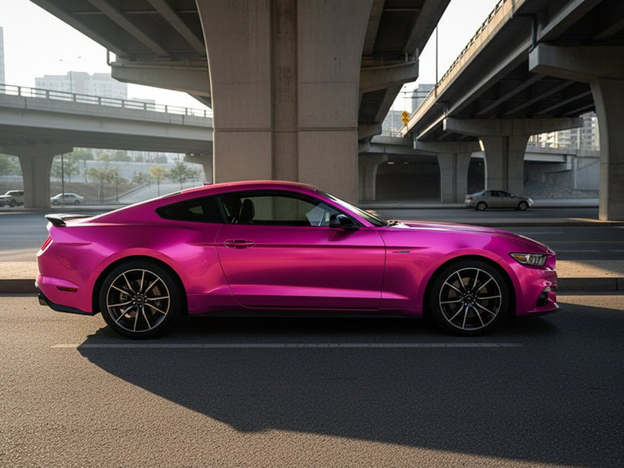 Ford Mustang wrapped in Hexis Satin HX30000 Super Chrome Pink restyling film HX30SCH10S