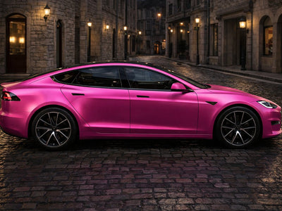 Tesla S wrapped in Satin HX30000 Super Chrome Pink automotive vinyl film HX30SCH10S