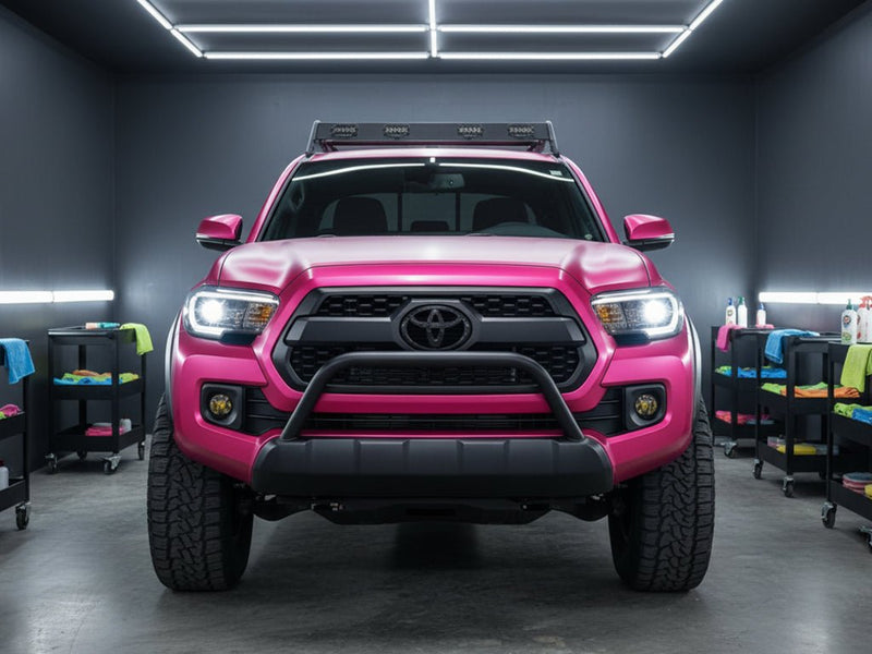 Toyota Tacoma wrapped in Satin HX30000 Super Chrome Pink restyling film HX30SCH10S
