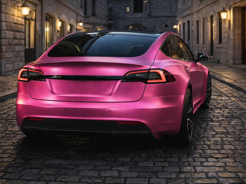 DIY Tesla S wrapped in Satin HX30000 Super Chrome Pink automotive vinyl film HX30SCH10S