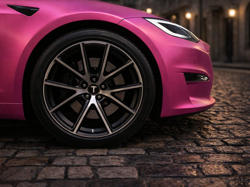 Tesla S wrapped in Hexis Satin HX30000 Super Chrome Pink wrap film HX30SCH10S